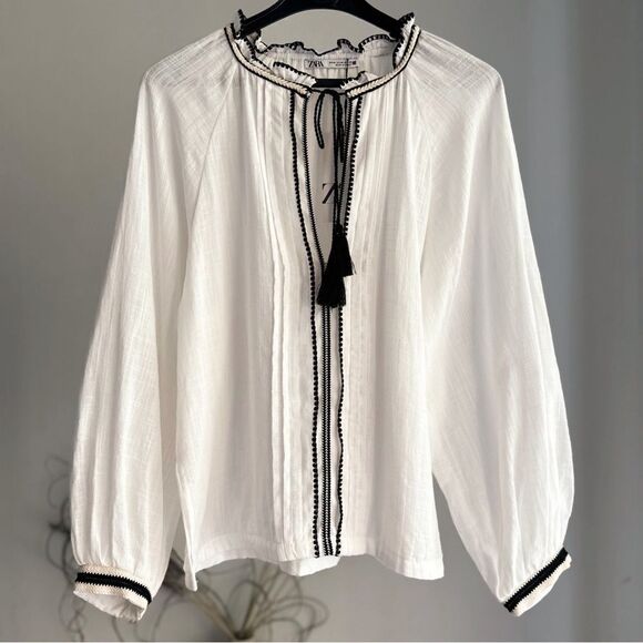 ZARA EMBROIDRED PIN TUCK BLOUSE ECRU - Picture 1 of 4